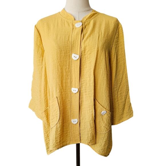 Habitat Mustard Yellow Gauzy 3/4 Sleeve Unusual Button Tunic Jackets Sz‎ Small - Picture 1 of 8